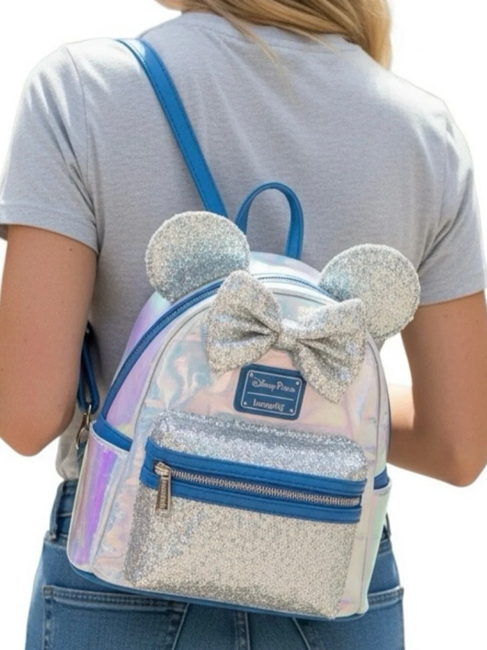 Loungefly Disney Minnie Mouse Iridescent Silver Sequin Ears Mini Backpack Bag